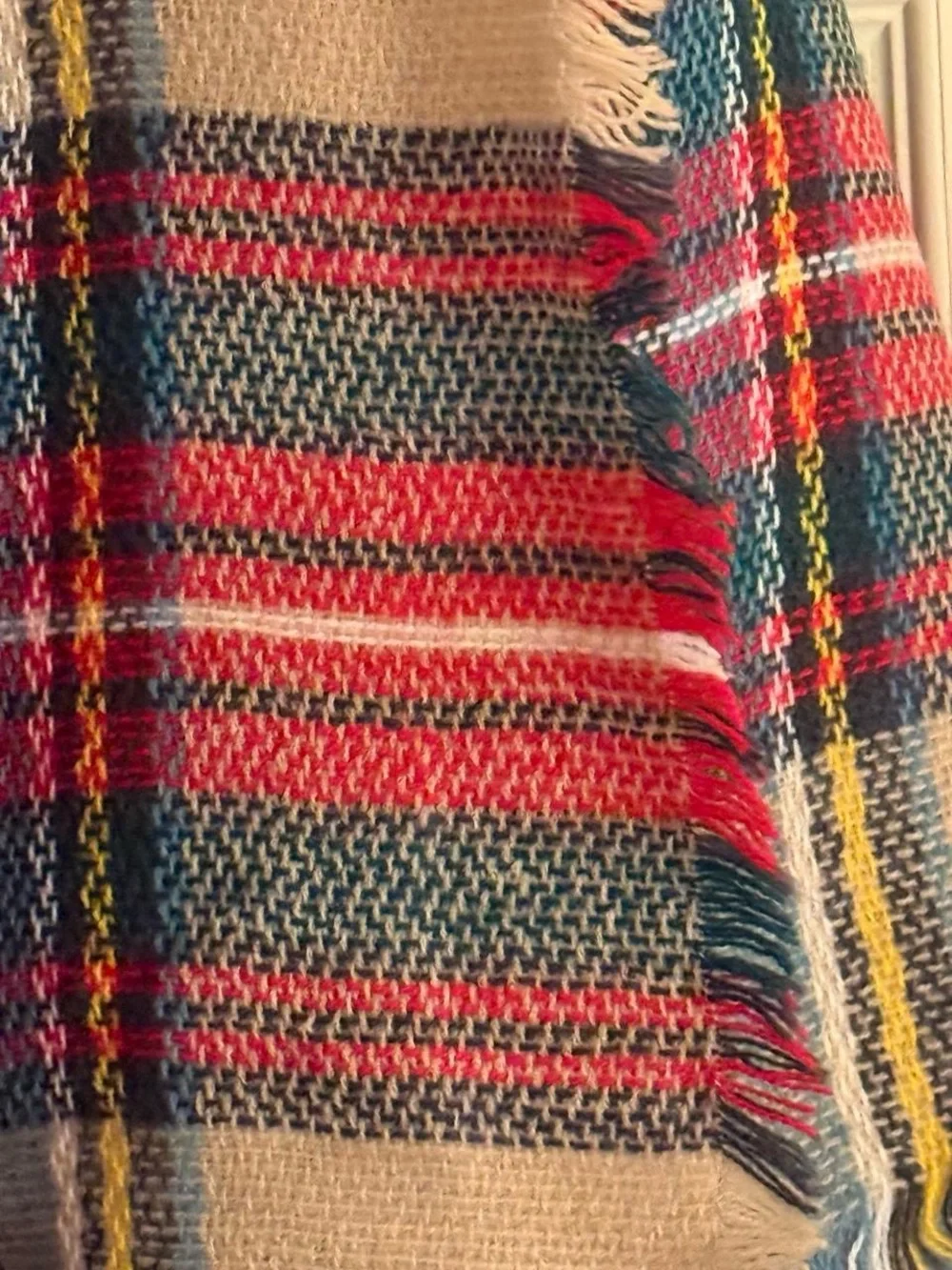 Plaid Fringe Blanket Scarf - Beige, Red & Green